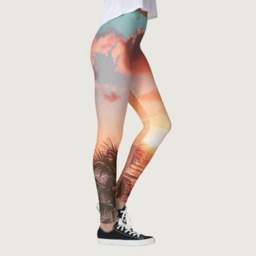 Ocean Sunset Palm Tree Orange Clouds  Leggings