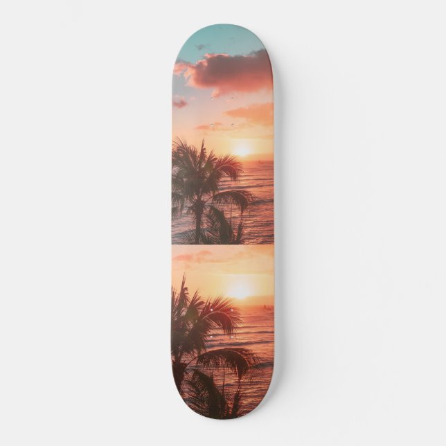 Ocean Sunset Palm Tree Orange Clouds Skateboard (Front)