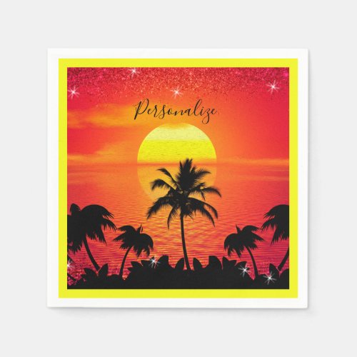 Ocean Sunset Tropical Beach Palm Trees Personalize Napkins