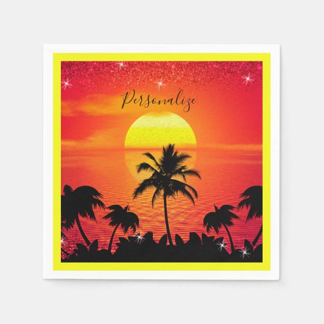 Ocean Sunset Tropical Beach Palm Trees Personalize Napkins (Front)