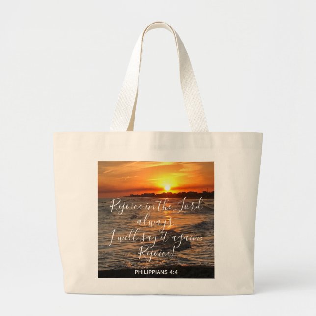 Ocean Sunset, w/ Scripture Verse Philippians 4:4 Large Tote Bag (Front)