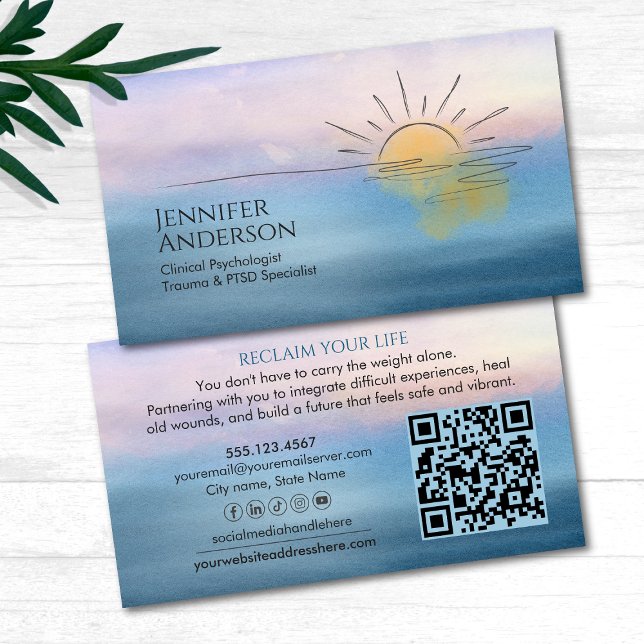 Ocean Sunset Watercolor Landscape Mental Health Business Card (Creator Uploaded)