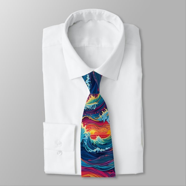 Ocean Sunset Waves Neck Tie (Tied)