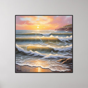 Ocean Sunset Waves with Seagulls and Coastal Town Canvas Print