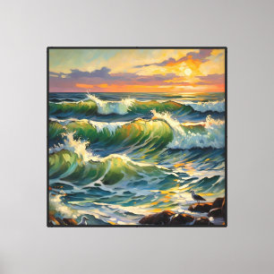 Ocean Sunset Waves with Seagulls on Rocks Canvas Print