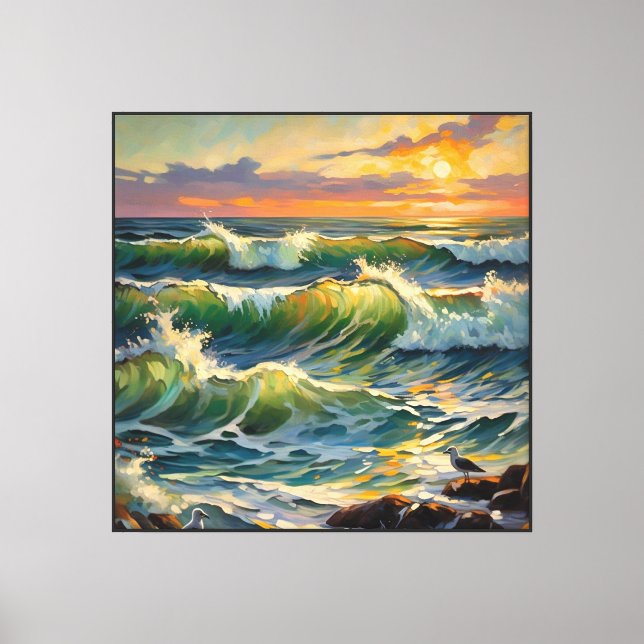 Ocean Sunset Waves with Seagulls on Rocks   Canvas Print (Front)