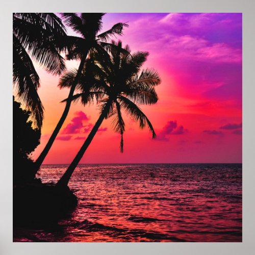 Ocean sunset with palm trees in the Maldives Poster