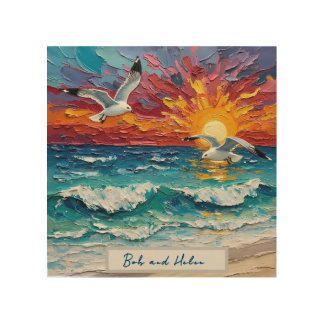 Ocean Sunset with Seagulls Wood Wall Art