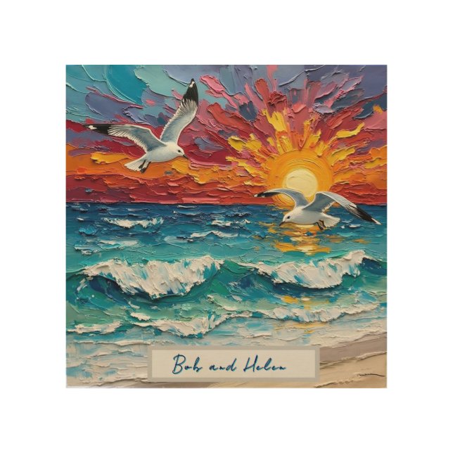 Ocean Sunset with Seagulls Wood Wall Art (Front)