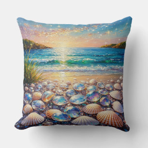 Ocean Sunset with Seashells and Jewels Reflecting Throw Pillow