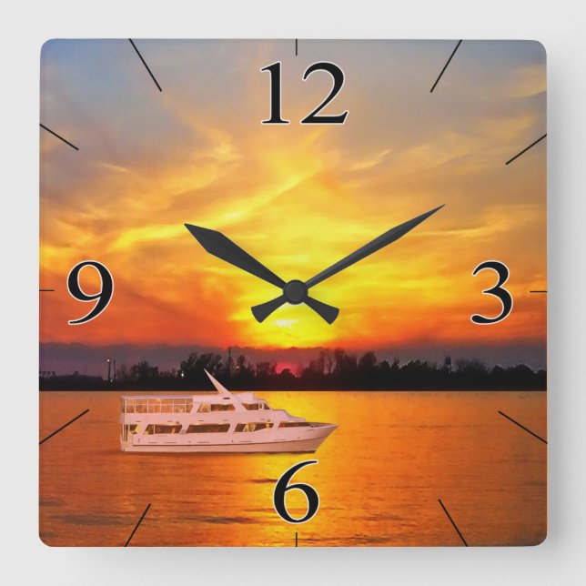 Ocean Sunset Yacht (keep or remove the yacht) Square Wall Clock (Front)