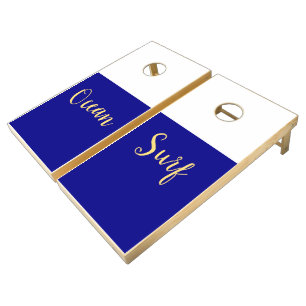 OCEAN SURF Script Royal Blue White Color Block Cornhole Set