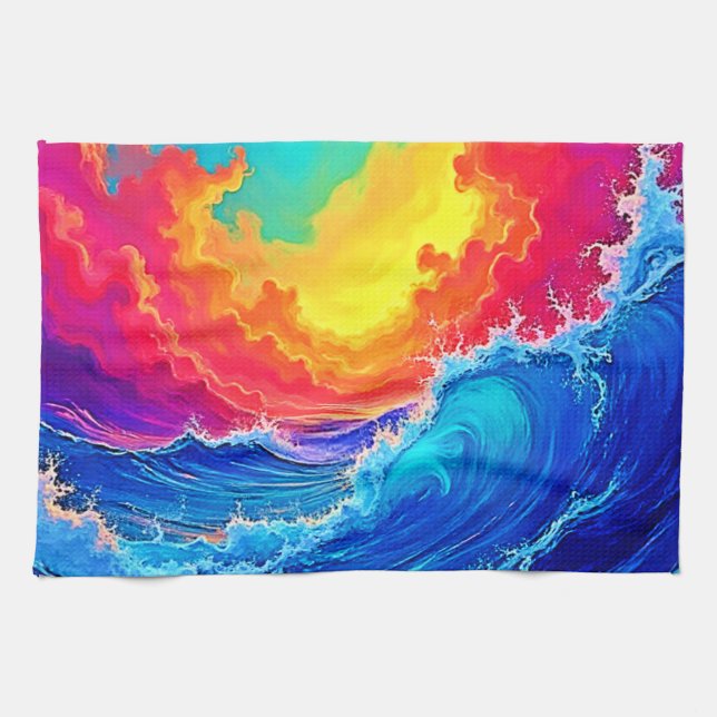 Ocean Surge: Radiant Sunset Wave Kitchen Towel (Horizontal)