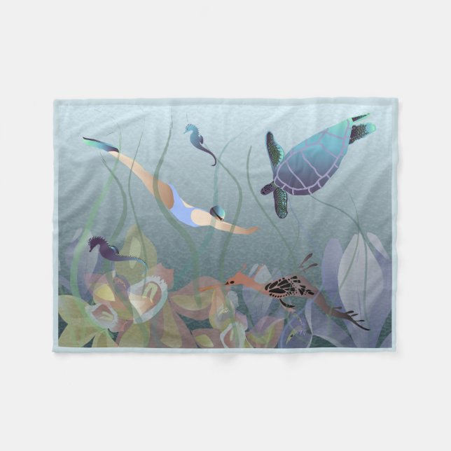 Ocean swimming with seahorse and turtle fleece blanket (Front (Horizontal))