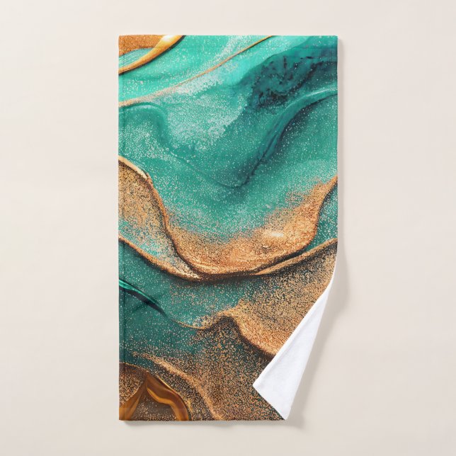 Ocean Teal and Bronze Abstract Art Bath Towel Set (Hand Towel)