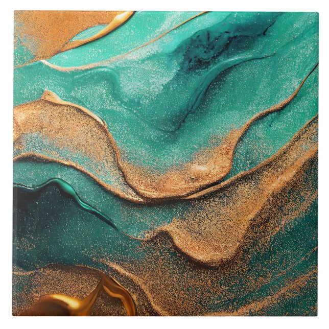 Ocean Teal and Bronze Abstract Art Ceramic Tile (Front)