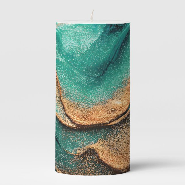 Ocean Teal and Bronze Abstract Art Pillar Candle (Front)