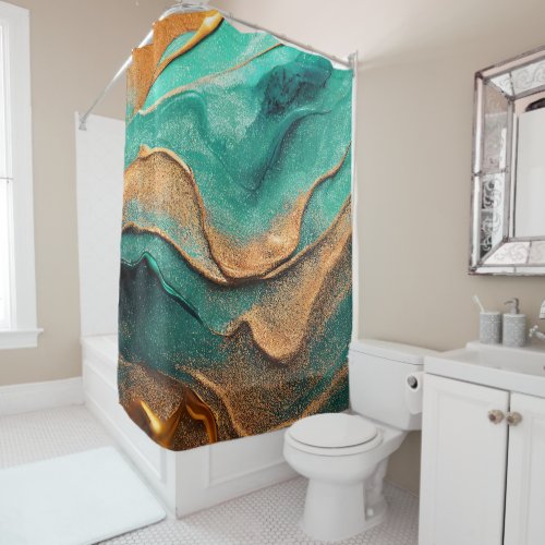 Ocean Teal and Bronze Abstract Art Shower Curtain