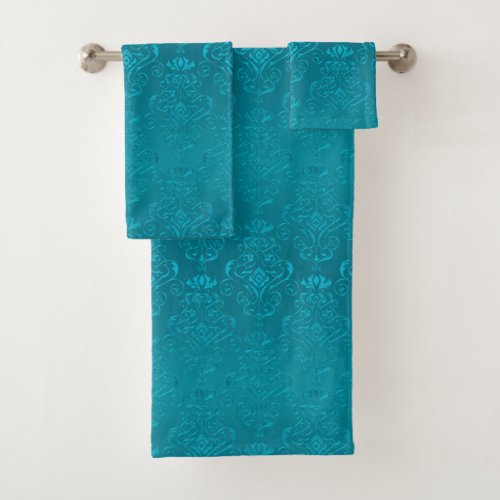 Ocean Teal Blue Floral Damask Gradient Print Bath Towel Set