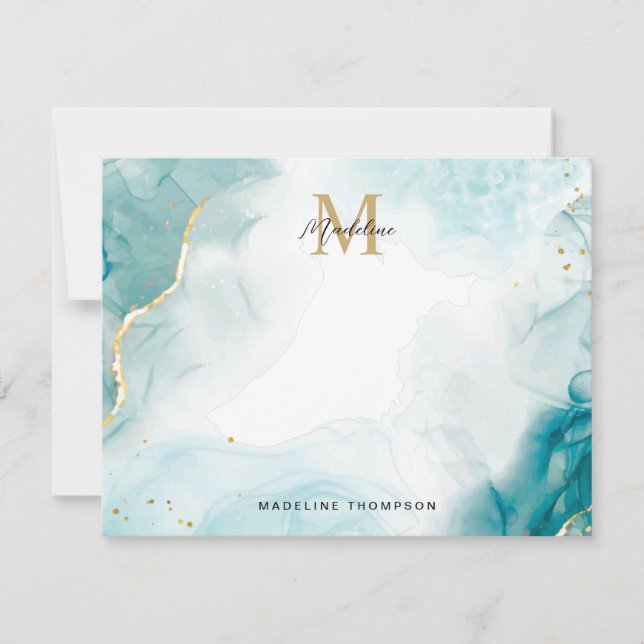 Ocean Teal Blue Gold Watercolor Splash Monogram Note Card (Front)