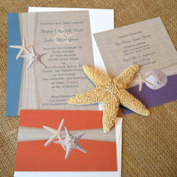 Ocean Teal Burlap And Starfish Beach Wedding Invitation by happygotimes at Zazzle