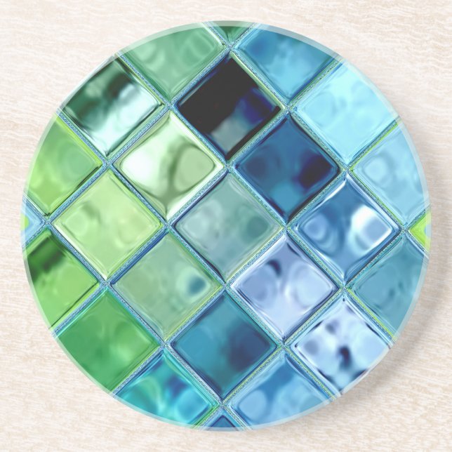 Ocean Teal Glass Mosaic Tile Art Drink Coaster (Front)