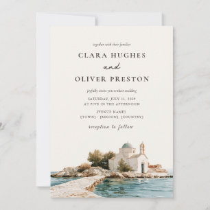 Ocean Teal Terracotta Script Greek Chapel Wedding Invitation