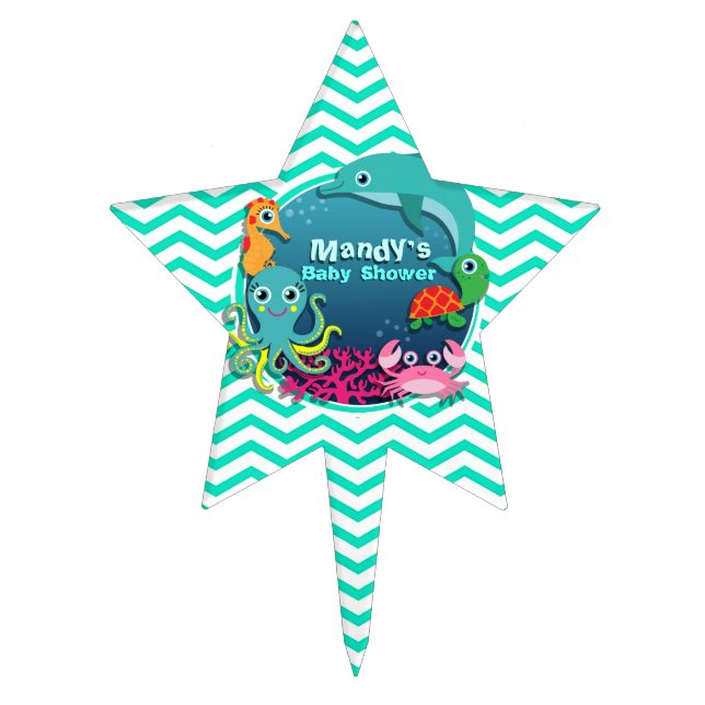 Ocean Theme Baby Shower; Aqua Green Chevron Cake Topper (Front)