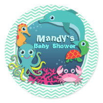 Ocean Theme Baby Shower; Aqua Green Chevron Classic Round Sticker