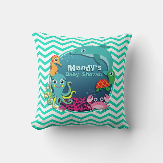 Ocean Theme Baby Shower; Aqua Green Chevron Throw Pillow (Front)