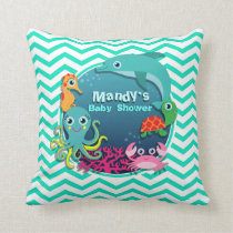 Ocean Theme Baby Shower; Aqua Green Chevron Throw Pillow