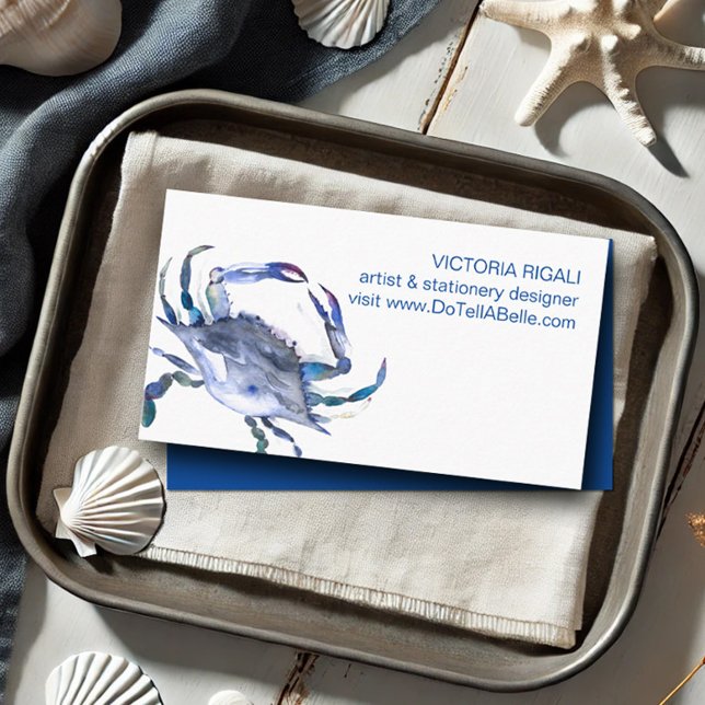 Ocean Theme Blue Crab Beach Watercolor Coastal Business Card (Beach business cards watercolor blue crab art by Victoria Grigaliunas Do Tell A Belle)