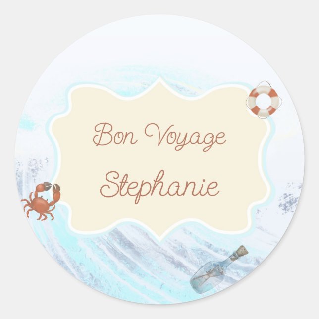 Ocean Theme Bon Voyage Personalized with Name Classic Round Sticker (Front)