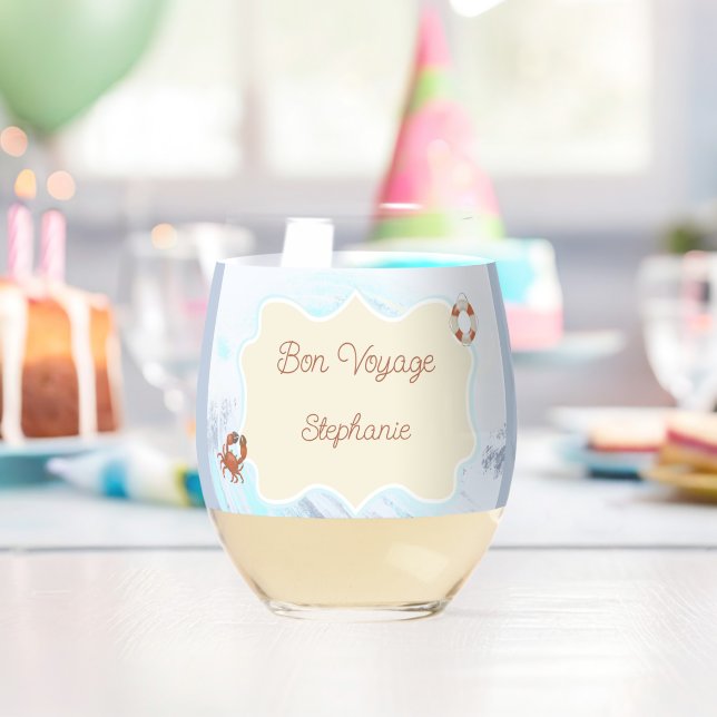 Ocean Theme Bon Voyage Personalized with Name Stemless Wine Glass (Insitu (Birthday))