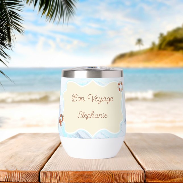 Ocean Theme Bon Voyage Personalized with Name Thermal Wine Tumbler (Beach (Rotated))