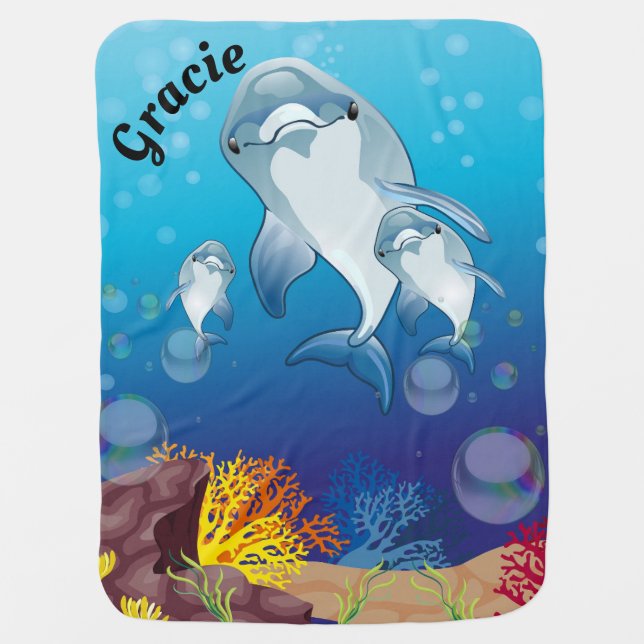 Ocean Theme Dolphin Personalized Baby Blanket (Front)