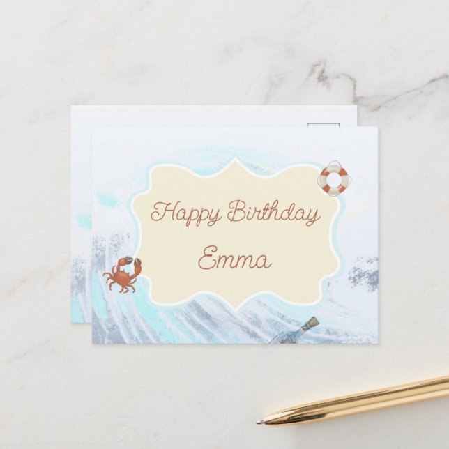Ocean Theme Happy Birthday Personalized with Name  Postcard (Front/Back In Situ)