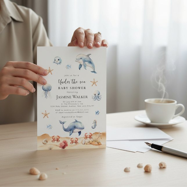 Ocean Theme Watercolor Dolphin Baby Shower Invitation (Creator Uploaded)