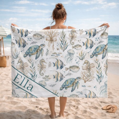Ocean-Themed Beach Towel with Sea Life