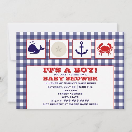 Ocean Themed Gingham Baby Shower Invitation