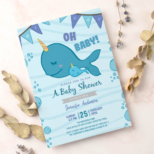 Ocean themed narwhal baby shower invitation