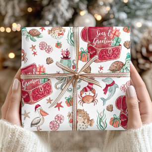 Ocean Treasures Seas & Greetings Coastal Christmas Wrapping Paper Sheets