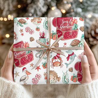 Ocean Treasures Seas & Greetings Coastal Christmas Wrapping Paper Sheets
