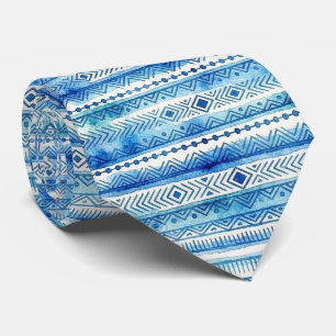 Ocean Tribal Watercolor Abstract Blue Stripes Neck Tie