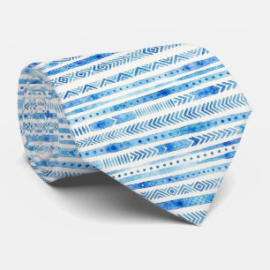 Ocean Tribal Watercolor Abstract Blue Stripes Neck Tie