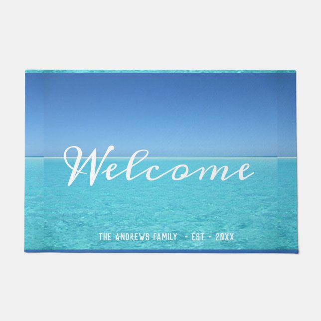 Ocean Tropical Beach House Calligraphy Welcome Doormat (Front)