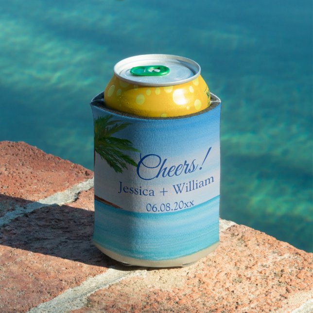 Ocean Tropical Beach Island Summer Wedding Can Cooler (In Situ Pool)