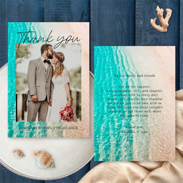 Ocean Tropical Beach Photo Wedding Thank You Card (Front/Back)
