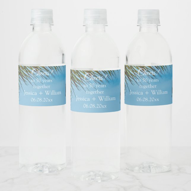 Ocean Tropical Golden 50th Wedding Anniversary  Water Bottle Label (Bottles)