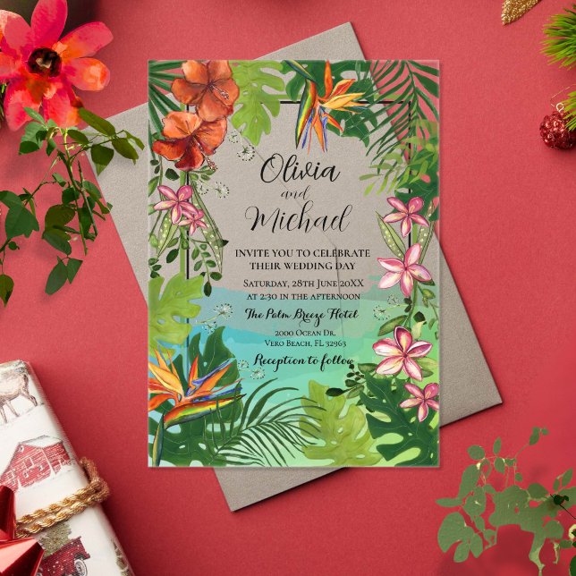 Ocean Tropical Watercolor Floral Acrylic Wedding  Invitations (Ocean Tropical Watercolor Floral Acrylic Wedding Invitations)